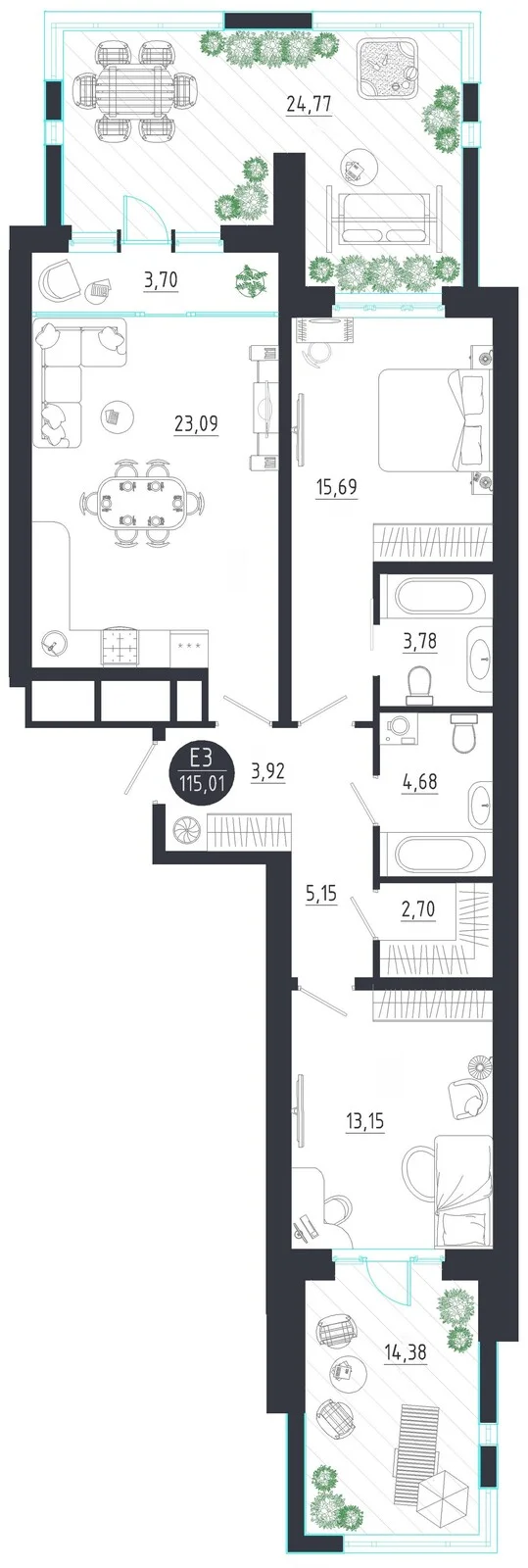 Планировка Квартира с двумя спальнями и гостиной 27 м² (Евро-3)