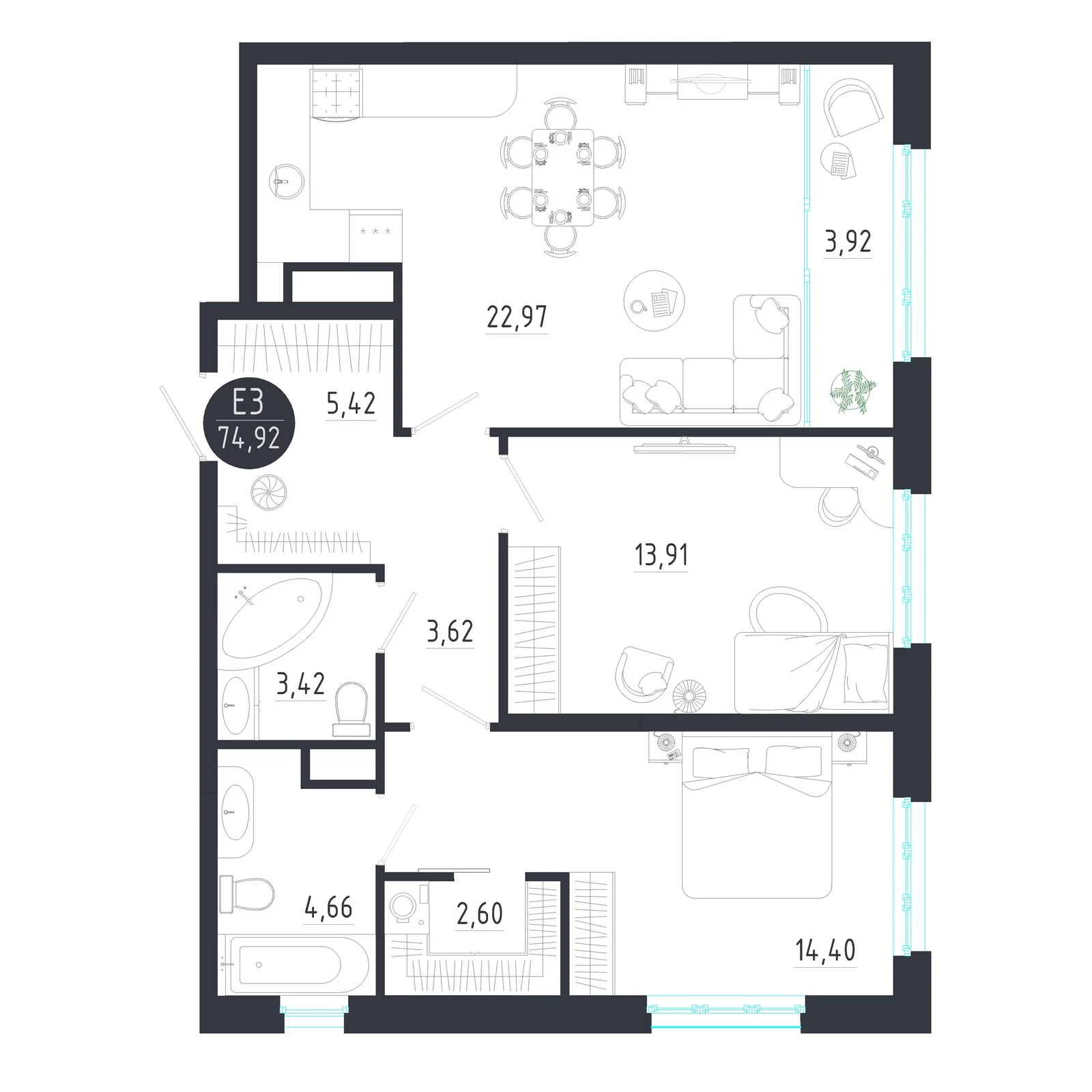 Планировка Квартира с двумя спальнями и гостиной 27 м² (Евро-3)